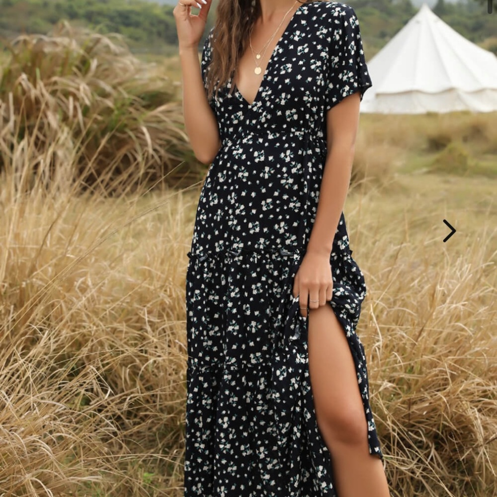 Dark blue v neck boho dress